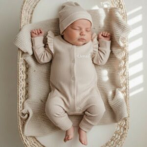 Beige rib boxpakje met naam & hartje – persoonlijk geboortepakje voor baby’s