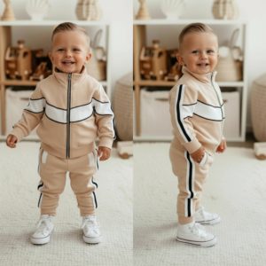 Jongens joggingpak beige wit | Sportieve set maat 56/62 t/m 98/104