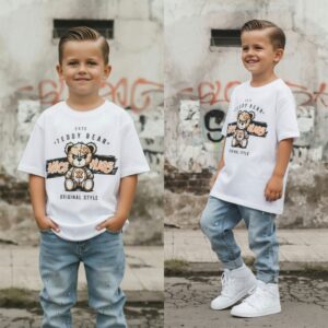 Jongens T-shirt wit teddy bear print katoen – maat 98/104-158/164