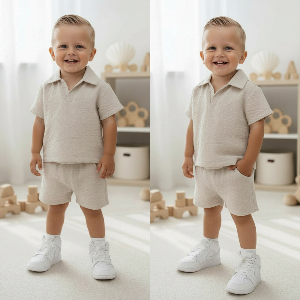 Jongens zomer set beige | Summer fit 2-delig maat 56/62 t/m 98/104 - Afbeelding 2