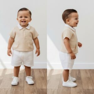 Jongens zomerset beige neutraal met kraagje en rits – maat 6 maanden t/m 2 jaar