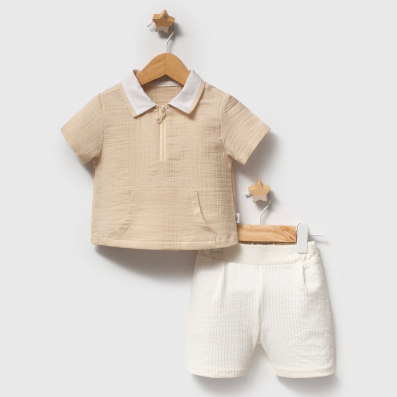 Jongens zomerset beige neutraal met kraagje en rits – maat 6 maanden t/m 2 jaar - Afbeelding 2